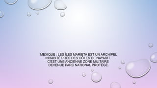 MEXIQUE : LES ÎLES MARIETA EST UN ARCHIPEL
INHABITÉ PRÈS DES CÔTES DE NAYARIT.
C'EST UNE ANCIENNE ZONE MILITAIRE
DEVENUE PARC NATIONAL PROTÉGÉ.
 
