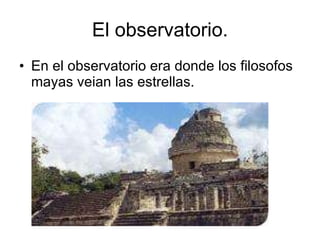 El observatorio. En el observatorio era donde los filosofos mayas veian las estrellas. 