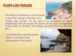 PLAYA LOS FRAILES

   The Playa Los Frailes are a curved beach,
    in bay form, facing to the west, with
    totally clear horizon. To the west it is surrounded of lightly
    mountainous hills and toward the sector of the gulch corresponding
    to the outlet of the River The Pampas, the hills retire for the later
    part.

   Los Frailes have a solitary pretty
    beach it is located in the
    suroccidente of Portoviejo.
 