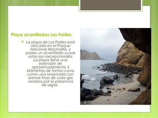 Playa acantilados Los Frailes


La playa de Los Frailes está
ubicada en el Parque
Nacional Machalilla. y
posee un acantilado cuyas
vistas son excepcionales.
La playa tiene una
extensión de
aproximadamente 3
kilómetros de forma curva
como una ensenada con
arenas finas de color gris
verdosa par la presencia
de algas. 

 