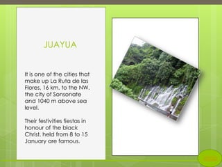 JUAYUA
It is one of the cities that
make up La Ruta de las
Flores, 16 km. to the NW.
the city of Sonsonate
and 1040 m above sea
level.
Their festivities fiestas in
honour of the black
Christ, held from 8 to 15
January are famous.
inicio

 
