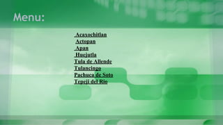 Acaxochitlan
Actopan
Apan
Huejutla
Tula de Allende
Tulancingo
Pachuca de Soto
Tepeji del Rio
Menu:
 