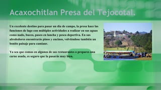 Acaxochitlan Presa del Tejocotal.
Un excelente destino para pasar un día de campo, la presa hace las
funciones de lago con múltiples actividades a realizar en sus aguas
como nado, buceo, paseo en lancha y pesca deportiva. En sus
alrededores encontrarás pinos y encinos, volviéndose también un
bonito paisaje para camianr.
Ya sea que comas en algunos de sus restaurantes o prepares una
carne asada, es seguro que la pasarás muy bien.
 