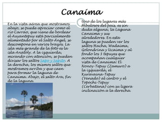 Canaima
                                      Uno de los lugares más
En la vista aérea que mostramos       fabulosos del país, es sin
abajo, se puede apreciar como el      duda alguna, la Laguna
río Carrao, que viene de bordear      Canaima y sus
el Auyantepuy está parcialmente       alrededores. En esta
alimentado por el Salto Ángel, se     laguna se pueden ver los
descompone en varios brazos. La       saltos Hacha, Wadaima,
isla más grande de la foto es la      Golondrina y Ucaima y al
isla Anatoly. A la izquierda,         fondo los 3 tepuyes que
mirando con atención, se pueden       acompañan cualquier
divisar los saltos Sapo y Sapito. A   vista de Canaima: El
la derecha, los mismos saltos que     Nonoy-Tepuy (Zamuro) a
mostramos arriba y que caen           la izquierda, el
para formar la laguna de              Kuravaina-Tepuy
Canaima. Abajo, el salto Ara, fin     (Venado) al centro y el
de la laguna.                         Topochi-Tepuy
                                      (Cerbatana) con su ligera
                                      inclinación a la derecha.
 