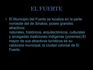 EL FUERTE
• El Municipio del Fuerte se localiza en la parte
  noroeste del de Sinaloa; posee grandes
  atractivos
  naturales, históricos, arquitectónicos, culturales
  y arraigadas tradiciones indígenas (yoremes).El
  mayor de sus atractivos turísticos es su
  cabecera municipal, la ciudad colonial de El
  Fuerte,
 