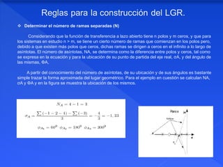  Determinar el número de ramas separadas (N)
Considerando que la función de transferencia a lazo abierto tiene n polos y m ceros, y que para
los sistemas en estudio n > m, se tiene un cierto número de ramas que comienzan en los polos pero,
debido a que existen más polos que ceros, dichas ramas se dirigen a ceros en el infinito a lo largo de
asíntotas. El número de asíntotas, NA, se determina como la diferencia entre polos y ceros, tal como
se expresa en la ecuación y para la ubicación de su punto de partida del eje real, σA, y del ángulo de
las mismas, ΦA,
A partir del conocimiento del número de asíntotas, de su ubicación y de sus ángulos es bastante
simple trazar la forma aproximada del lugar geométrico. Para el ejemplo en cuestión se calculan NA,
σA y ΦA y en la figura se muestra la ubicación de los mismos.
 