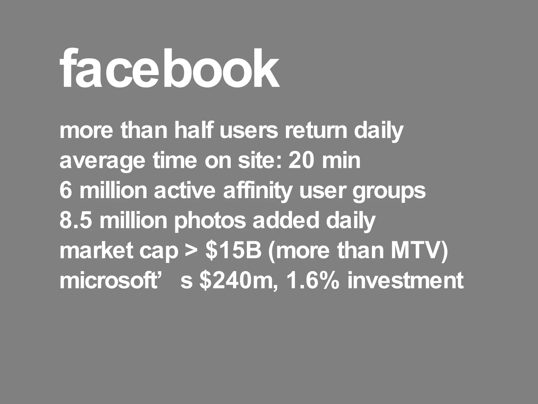 facebook more than half users return daily average time on site: 20 min 6 million active affinity user groups 8.5 million photos added daily market cap > $15B (more than MTV) microsoft’s $240m, 1.6% investment 