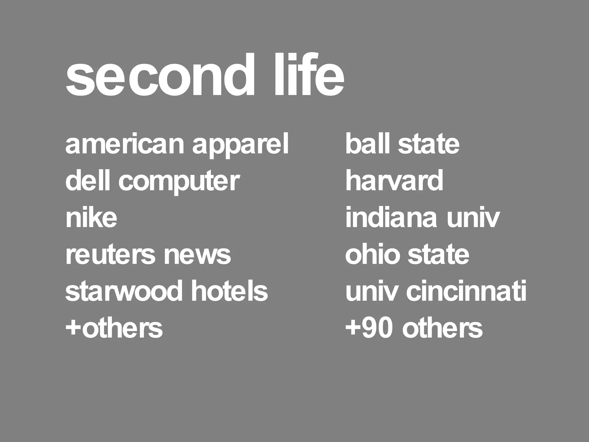 second life american apparel dell computer nike reuters news starwood hotels +others ball state  harvard indiana univ ohio state univ cincinnati +90 others 