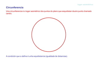Circunferencia
Una circunferencia é o lugar xeométrico dos puntos do plano que esquidistan doutro punto chamado
centro.
lugar xeométrico
A condición que a define é unha equidistancia (igualdade de distancias).
 