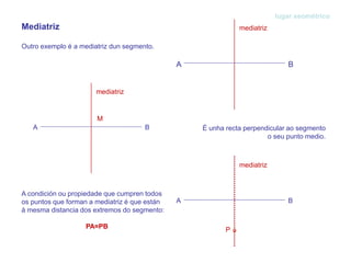 Mediatriz
Outro exemplo é a mediatriz dun segmento.
É unha recta perpendicular ao segmento
o seu punto medio.
A condición ou propiedade que cumpren todos
os puntos que forman a mediatriz é que están
á mesma distancia dos extremos do segmento:
PA=PB
lugar xeométrico
A B
mediatriz
M
A B
mediatriz
A B
mediatriz
P
 