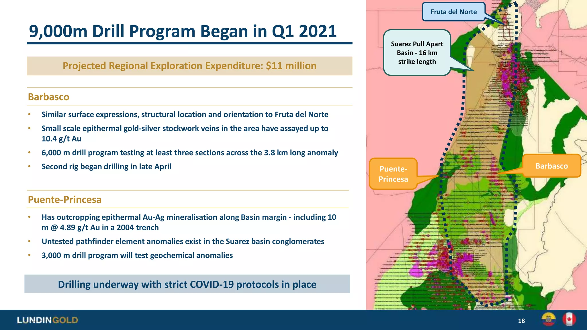 18
9,000m Drill Program Began in Q1 2021
Barbasco
• Similar surface expressions, structural location and orientation to Fruta del Norte
• Small scale epithermal gold-silver stockwork veins in the area have assayed up to
10.4 g/t Au
• 6,000 m drill program testing at least three sections across the 3.8 km long anomaly
• Second rig began drilling in late April
Puente-Princesa
• Has outcropping epithermal Au-Ag mineralisation along Basin margin - including 10
m @ 4.89 g/t Au in a 2004 trench
• Untested pathfinder element anomalies exist in the Suarez basin conglomerates
• 3,000 m drill program will test geochemical anomalies
Projected Regional Exploration Expenditure: $11 million
Puente-
Princesa
Fruta del Norte
Suarez Pull Apart
Basin - 16 km
strike length
Barbasco
Drilling underway with strict COVID-19 protocols in place
 
