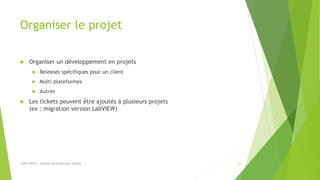 Organiser le projet
 Organiser un développement en projets
 Releases spécifiques pour un client
 Multi plateformes
 Autres
 Les tickets peuvent être ajoutés à plusieurs projets
(ex : migration version LabVIEW)
22LUGE 2019.3 - Gestion de projet avec GitHub
 