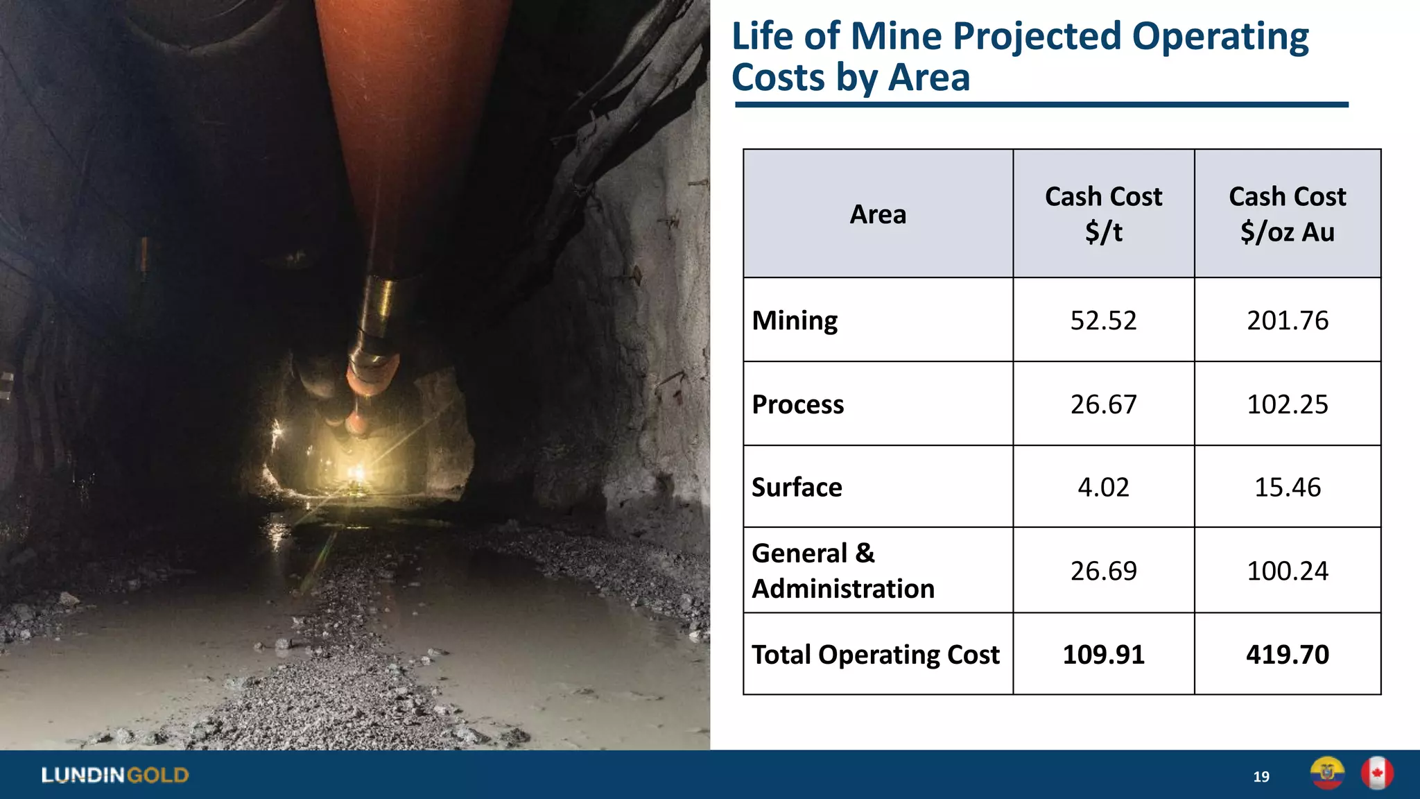 Life of Mine Projected Operating
Costs by Area
19
Area
Cash Cost
$/t
Cash Cost
$/oz Au
Mining 52.52 201.76
Process 26.67 102.25
Surface 4.02 15.46
General &
Administration
26.69 100.24
Total Operating Cost 109.91 419.70
 