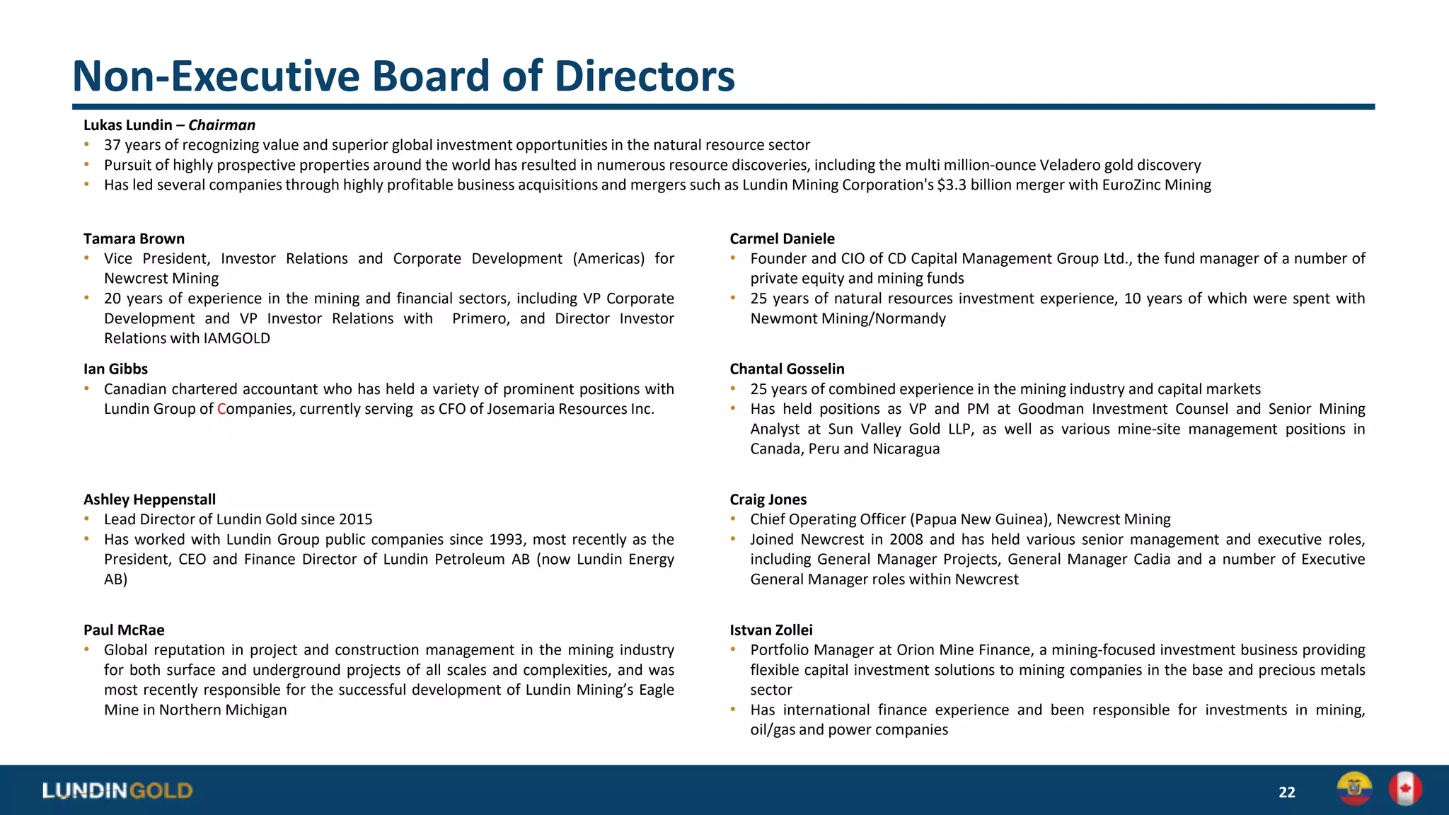 Non-Executive Board of Directors
22
Lukas Lundin – Chairman
• 37 years of recognizing value and superior global investment opportunities in the natural resource sector
• Pursuit of highly prospective properties around the world has resulted in numerous resource discoveries, including the multi million-ounce Veladero gold discovery
• Has led several companies through highly profitable business acquisitions and mergers such as Lundin Mining Corporation's $3.3 billion merger with EuroZinc Mining
Tamara Brown
• Vice President, Investor Relations and Corporate Development (Americas) for
Newcrest Mining
• 20 years of experience in the mining and financial sectors, including VP Corporate
Development and VP Investor Relations with Primero, and Director Investor
Relations with IAMGOLD
Carmel Daniele
• Founder and CIO of CD Capital Management Group Ltd., the fund manager of a number of
private equity and mining funds
• 25 years of natural resources investment experience, 10 years of which were spent with
Newmont Mining/Normandy
Ian Gibbs
• Canadian chartered accountant who has held a variety of prominent positions with
Lundin Group of Companies, currently serving as CFO of Josemaria Resources Inc.
Chantal Gosselin
• 25 years of combined experience in the mining industry and capital markets
• Has held positions as VP and PM at Goodman Investment Counsel and Senior Mining
Analyst at Sun Valley Gold LLP, as well as various mine-site management positions in
Canada, Peru and Nicaragua
Ashley Heppenstall
• Lead Director of Lundin Gold since 2015
• Has worked with Lundin Group public companies since 1993, most recently as the
President, CEO and Finance Director of Lundin Petroleum AB (now Lundin Energy
AB)
Craig Jones
• Chief Operating Officer (Papua New Guinea), Newcrest Mining
• Joined Newcrest in 2008 and has held various senior management and executive roles,
including General Manager Projects, General Manager Cadia and a number of Executive
General Manager roles within Newcrest
Paul McRae
• Global reputation in project and construction management in the mining industry
for both surface and underground projects of all scales and complexities, and was
most recently responsible for the successful development of Lundin Mining’s Eagle
Mine in Northern Michigan
Istvan Zollei
• Portfolio Manager at Orion Mine Finance, a mining-focused investment business providing
flexible capital investment solutions to mining companies in the base and precious metals
sector
• Has international finance experience and been responsible for investments in mining,
oil/gas and power companies
 