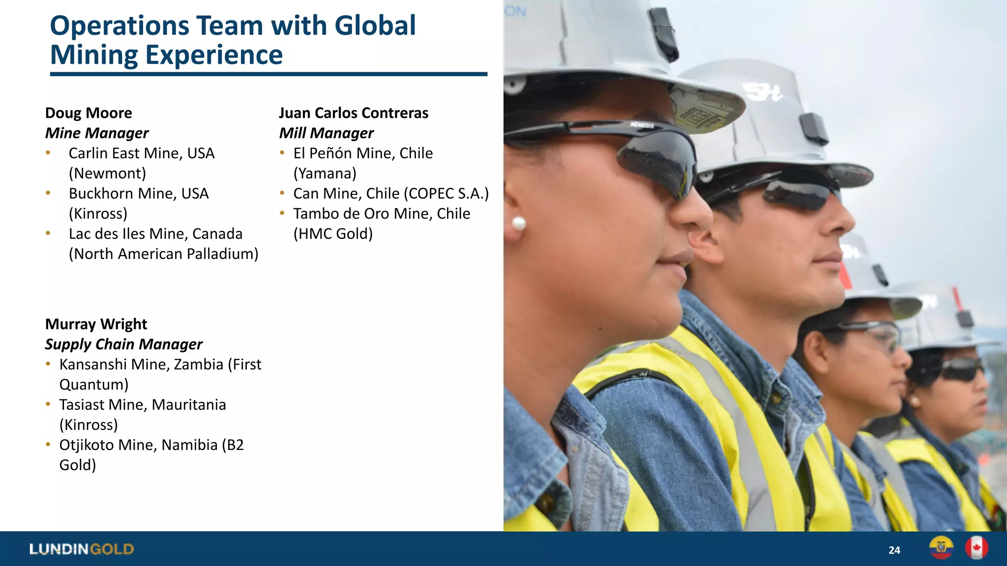 Operations Team with Global
Mining Experience
24
Doug Moore
Mine Manager
• Carlin East Mine, USA
(Newmont)
• Buckhorn Mine, USA
(Kinross)
• Lac des Iles Mine, Canada
(North American Palladium)
Juan Carlos Contreras
Mill Manager
• El Peñón Mine, Chile
(Yamana)
• Can Mine, Chile (COPEC S.A.)
• Tambo de Oro Mine, Chile
(HMC Gold)
Murray Wright
Supply Chain Manager
• Kansanshi Mine, Zambia (First
Quantum)
• Tasiast Mine, Mauritania
(Kinross)
• Otjikoto Mine, Namibia (B2
Gold)
 