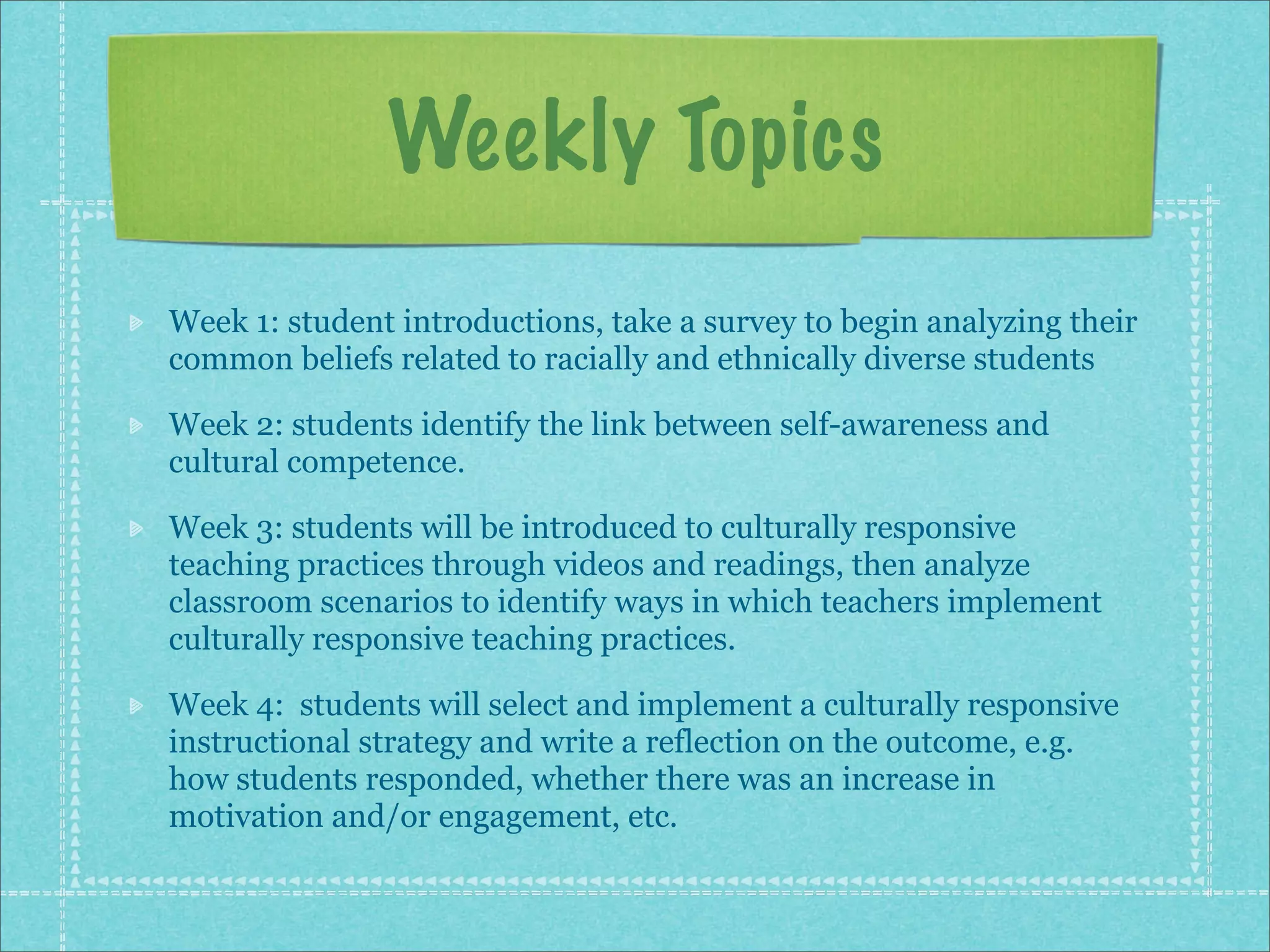 Weekly Topics
Week 1: student introductions, take a survey to begin analyzing their
common beliefs related to racially and ethnically diverse students

Week 2: students identify the link between self-awareness and
cultural competence.

Week 3: students will be introduced to culturally responsive
teaching practices through videos and readings, then analyze
classroom scenarios to identify ways in which teachers implement
culturally responsive teaching practices.

Week 4: students will select and implement a culturally responsive
instructional strategy and write a reflection on the outcome, e.g.
how students responded, whether there was an increase in
motivation and/or engagement, etc.
 