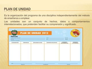 PLAN DE UNIDAD
Es la organización del programa de una disciplina independientemente del método
de enseñanza a emplear.
Las unidades son un conjunto de hechos, datos o comportamientos
interrelacionados, que pretenden facilitar su comprensión y significado.
 