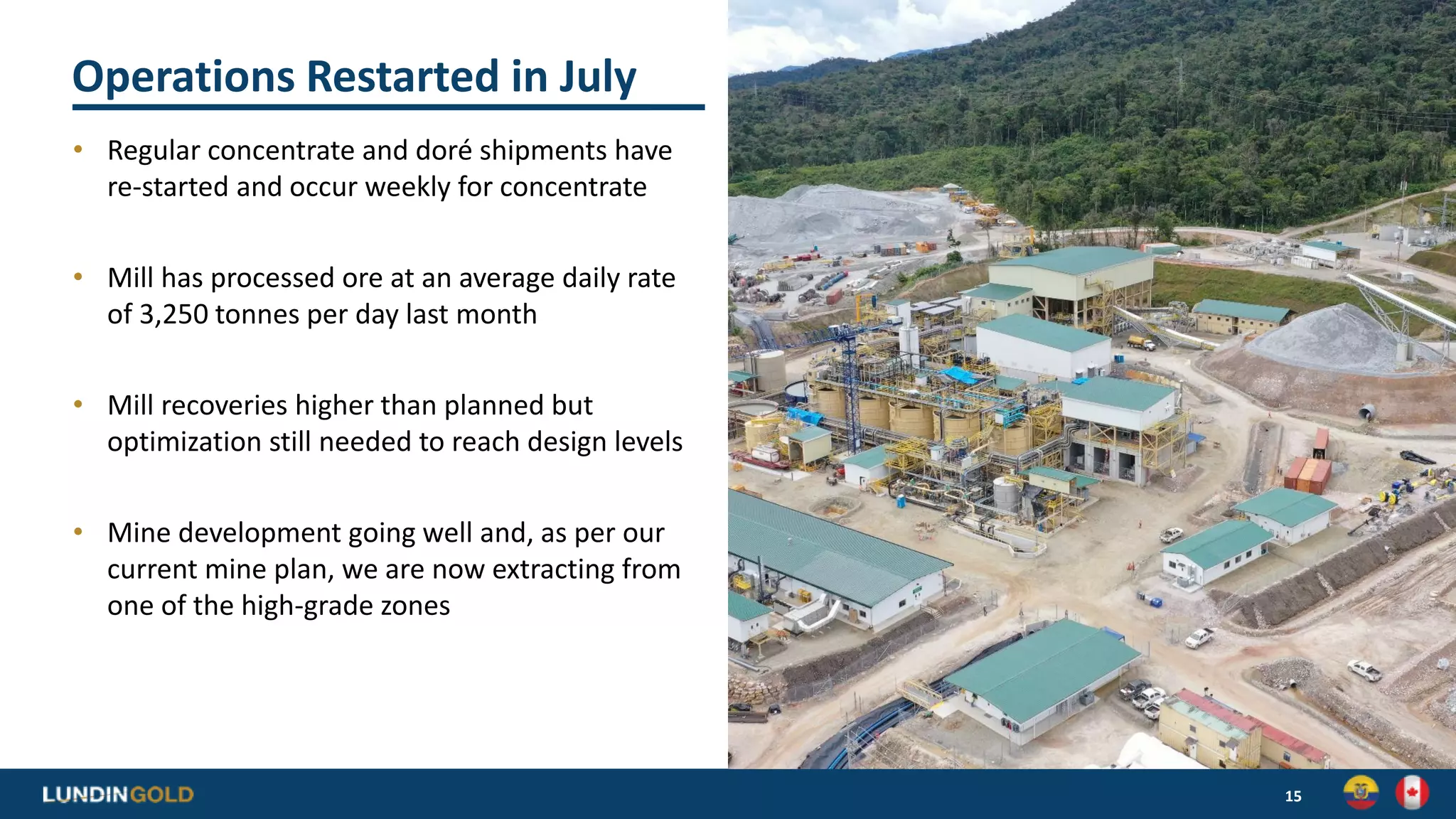 Operations Restarted in July
• Regular concentrate and doré shipments have
re-started and occur weekly for concentrate
• Mill has processed ore at an average daily rate
of 3,250 tonnes per day last month
• Mill recoveries higher than planned but
optimization still needed to reach design levels
• Mine development going well and, as per our
current mine plan, we are now extracting from
one of the high-grade zones
15
 