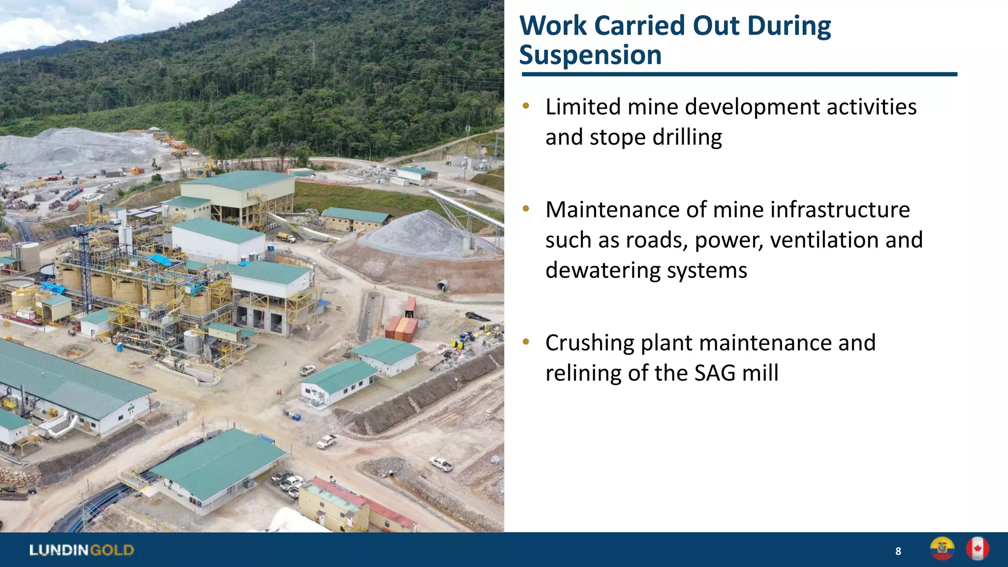 Work Carried Out During
Suspension
• Limited mine development activities
and stope drilling
• Maintenance of mine infrastructure
such as roads, power, ventilation and
dewatering systems
• Crushing plant maintenance and
relining of the SAG mill
8
 