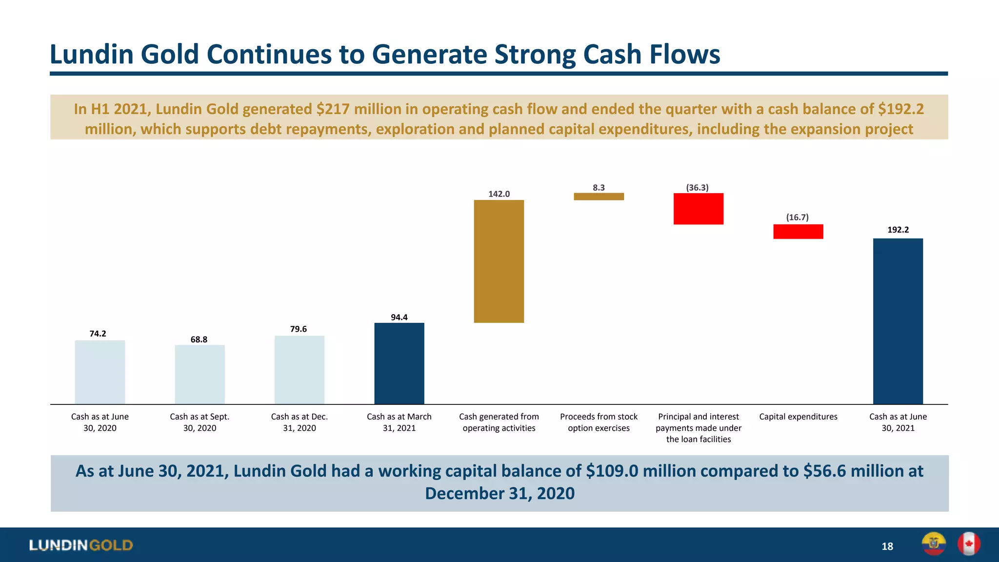 Lundin Gold Continues to Generate Strong Cash Flows
18
As at June 30, 2021, Lundin Gold had a working capital balance of $109.0 million compared to $56.6 million at
December 31, 2020
In H1 2021, Lundin Gold generated $217 million in operating cash flow and ended the quarter with a cash balance of $192.2
million, which supports debt repayments, exploration and planned capital expenditures, including the expansion project
74.2
68.8
79.6
94.4
192.2
142.0
8.3 (36.3)
(16.7)
Cash as at June
30, 2020
Cash as at Sept.
30, 2020
Cash as at Dec.
31, 2020
Cash as at March
31, 2021
Cash generated from
operating activities
Proceeds from stock
option exercises
Principal and interest
payments made under
the loan facilities
Capital expenditures Cash as at June
30, 2021
 