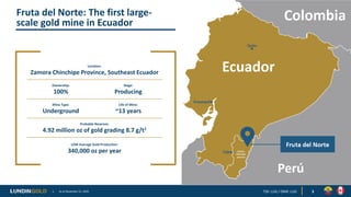 3
Fruta del Norte: The first large-
scale gold mine in Ecuador
Location:
Zamora Chinchipe Province, Southeast Ecuador
Owne...