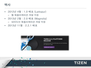 15
역사
• 2012년 4월 : 1.0 배포 (Larkspur)
– 웹 애플리케이션 개발 지원
• 2013년 2월 : 2.0 배포 (Magnolia)
– 네이티브 애플리케이션 개발 지원
• 2013년 11월 : 2.2.1 배포
 