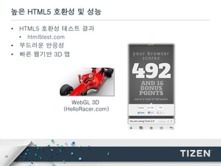 25
높은 HTML5 호환성 및 성능
• HTML5 호환성 테스트 결과
• html5test.com
• 부드러운 반응성
• 빠른 웹기반 3D 앱
WebGL 3D
(HelloRacer.com)
 