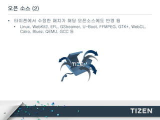 40
오픈 소스 (2)
• 타이젠에서 수정한 패치가 해당 오픈소스에도 반영 됨
• Linux, WebKit2, EFL, GStreamer, U-Boot, FFMPEG, GTK+, WebCL,
Cairo, Bluez, QEMU, GCC 등
 