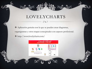 LOVELYCHARTS
Aplicación gratuita con la que se pueden crear diagramas,
organigramas y otros mapas conceptuales con aspecto profesional.
http://www.lovelycharts.com/