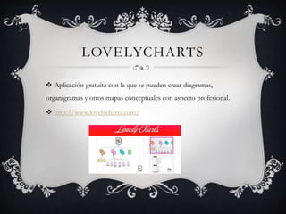 LOVELYCHARTS
Aplicación gratuita con la que se pueden crear diagramas,
organigramas y otros mapas conceptuales con aspecto profesional.
http://www.lovelycharts.com/