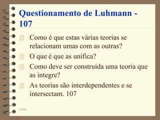 10/00
Questionamento de Luhmann -
107
 Como é que estas várias teorias se
relacionam umas com as outras?
 O que é que as unifica?
 Como deve ser construída uma teoria que
as integre?
 As teorias são interdependentes e se
intersectam. 107
 