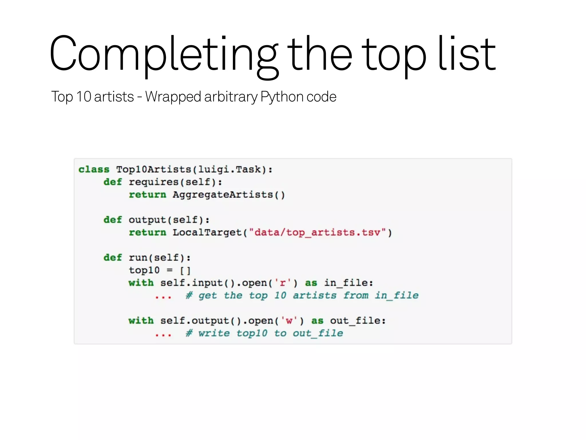 Completing the top list
Top 10 artists - Wrapped arbitrary Python code
 