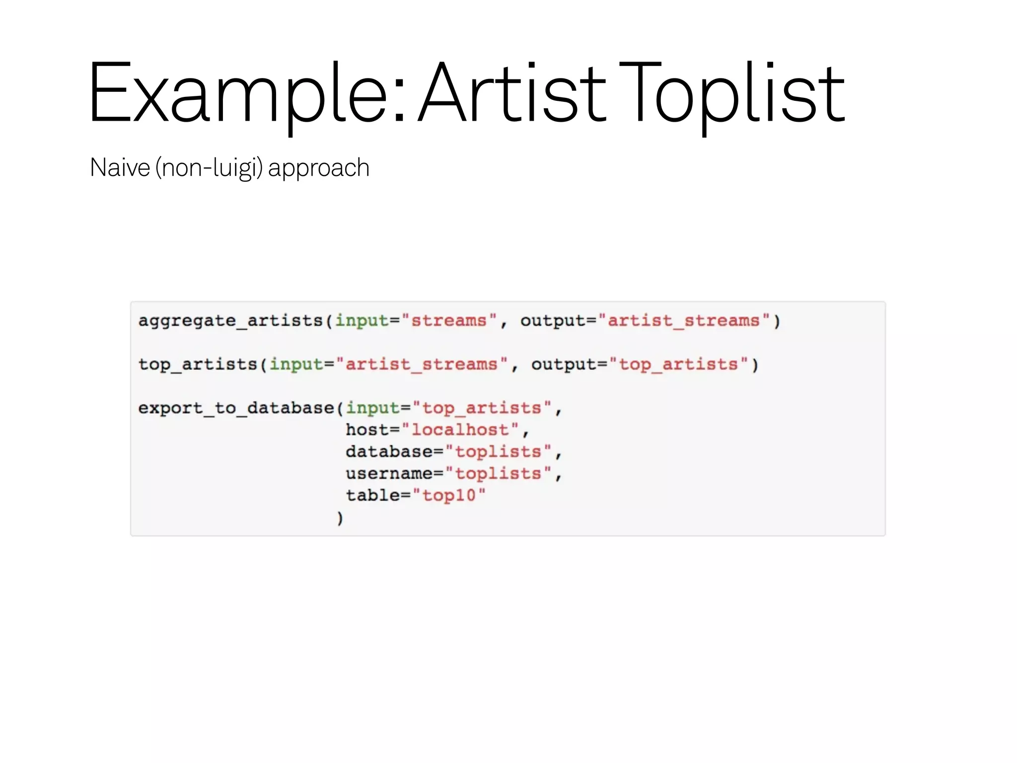 Example: Artist Toplist
Naive (non-luigi) approach
 