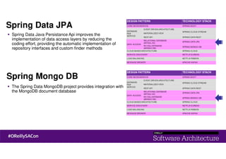 Spring Data JPA
Spring Data Java Persistance Api improves the
implementation of data access layers by reducing the
coding effort, providing the automatic implementation of
repository interfaces and custom finder methods
The Spring Data MongoDB project provides integration with
the MongoDB document database
Spring Mongo DB
 