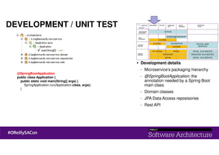 DEVELOPMENT / UNIT TEST
@SpringBootApplication
public class Application {
public static void main(String[] args) {
SpringApplication.run(Application.class, args);
}
Development details
- Microservice’s packaging hierarchy
- @SpringBootApplication: the
annotation needed by a Spring Boot
main class
- Domain classes
- JPA Data Access reposisories
- Rest API
 