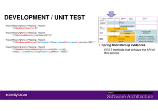 DEVELOPMENT / UNIT TEST
RequestMappingHandlerMapping: Mapped
"{[/bookABattery/list]}"
RequestMappingHandlerMapping: Mapped
"{[/stationAddresses],methods=[GET]}"
RequestMappingHandlerMapping: Mapped
"{[/findNearestStation/{latitudine}/{longitudine}/{distanza}],methods=[GET]}"
RequestMappingHandlerMapping: Mapped
"{[/bookABattery/addBooking/{stazione}/{batteria}/
{citta}/{latitudine}/{longitudine}],methods=[POST]}"
Spring Boot start up evidences
- REST methods that achieve the API of
this service
 