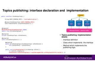 public interface ISinkOutputTopic {
String OUPUT_PENDING_TOPIC = "pendingBookingTopic";
@Output(ISinkOutputTopic.OUPUT_PENDING_TOPIC)
SubscribableChannel outputPendingTopic(); }
@Component
@EnableBinding(ISinkOutputTopic.class)
public class WritePendingTopic {
@Autowired
private ISinkOutputTopic kafkaChannel;
@Autowired
public WritePendingTopic() { }
@Autowired
public WritePendingTopic(ISinkOutputTopic kafkaChannel) {
this.kafkaChannel = kafkaChannel;
}
public void writePendingTopic(List<Booking> dtInfo) {
if (!dtInfo.isEmpty()){
kafkaChannel.outputPendingTopic().send(MessageBuilder.withPayload(dtInfo).build()); }}
Topics publishing: implementation
details
- Interface definition
- Class which implements the interface
- Method which implements the
publishing logic
Topics publishing: interface declaration and implementation
 