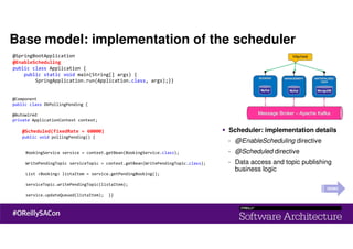 @Component
public class DbPollingPending {
@Autowired
private ApplicationContext context;
@Scheduled(fixedRate = 60000)
public void pollingPending() {
BookingService service = context.getBean(BookingService.class);
WritePendingTopic serviceTopic = context.getBean(WritePendingTopic.class);
List <Booking> listaItem = service.getPendingBooking();
serviceTopic.writePendingTopic(listaItem);
service.updateQueued(listaItem); }}
@SpringBootApplication
@EnableScheduling
public class Application {
public static void main(String[] args) {
SpringApplication.run(Application.class, args);}}
Scheduler: implementation details
- @EnableScheduling directive
- @Scheduled directive
- Data access and topic publishing
business logic
DEMO
Base model: implementation of the scheduler
 