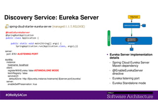 Discovery Service: Eureka Server
server:
port: 8761 #LISTENING PORT
eureka:
instance:
hostname: localhost
client:
registerWithEureka: false #STANDALONE MODE
fetchRegistry: false
serviceUrl:
defaultZone: http://${eureka.instance.hostname}:${server.port}/eureka/
server:
enableSelfPreservation: true
@EnableEurekaServer
@SpringBootApplication
public class Application {
public static void main(String[] args) {
SpringApplication.run(Application.class, args);}}
Eureka Server implementation
details
- Spring Cloud Eureka Server
Maven dependency
- @EnableEurekaServer
directive
- Eureka listening port
- Eureka Standalone mode
 