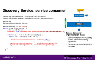 import org.springframework.cloud.client.ServiceInstance;
import org.springframework.cloud.client.discovery.DiscoveryClient;
@Autowired
DiscoveryClient discoveryClient;
@RequestMapping("/listDiscovery")
public String listDiscovery() {
List<ServiceInstance>
instances = this.discoveryClient.getInstances("BOOKABATTERYSERVICE4EUREKA");
if(instances != null && !instances.isEmpty()) {
for(int i=0; i<instances.size();i++ ){
ServiceInstance serviceInstance = instances.get(i);
System.out.println("hostname-> " + serviceInstance.getHost());
System.out.println("port-> " + serviceInstance.getPort());
}
}
}
Service Consumer
implementation details
- Service instances resolution by
Eureka Service Discovery
capabilities
- Details of the available service
instances
Discovery Service: service consumer
 