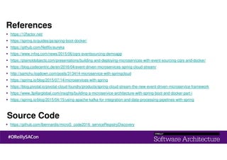 References
https://12factor.net/
https://spring.io/guides/gs/spring-boot-docker/
https://github.com/Netflix/eureka
https://www.infoq.com/news/2015/06/cqrs-eventsourcing-demoapp
https://plainoldobjects.com/presentations/building-and-deploying-microservices-with-event-sourcing-cqrs-and-docker/
https://blog.codecentric.de/en/2016/04/event-driven-microservices-spring-cloud-stream/
http://samchu.logdown.com/posts/313414-microservice-with-springcloud
https://spring.io/blog/2015/07/14/microservices-with-spring
https://blog.pivotal.io/pivotal-cloud-foundry/products/spring-cloud-stream-the-new-event-driven-microservice-framework
https://www.3pillarglobal.com/insights/building-a-microservice-architecture-with-spring-boot-and-docker-part-i
https://spring.io/blog/2015/04/15/using-apache-kafka-for-integration-and-data-processing-pipelines-with-spring
Source Code
https://github.com/lbennardis/microS_code2016_serviceRegistryDiscovery
 