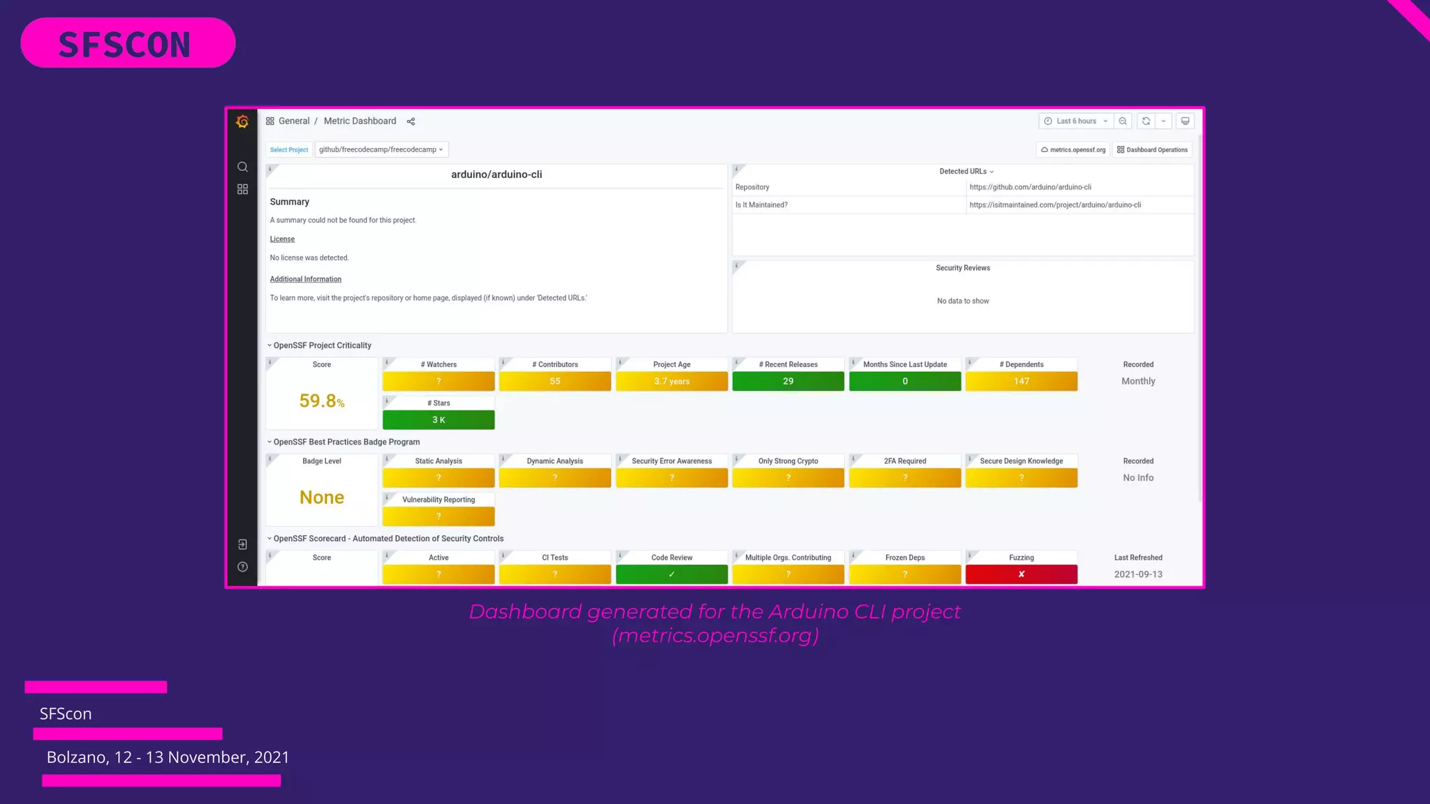 SFScon
Bolzano, 12 - 13 November, 2021
Dashboard generated for the Arduino CLI project
(metrics.openssf.org)
 