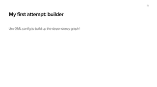 My first attempt: builder
Use XML config to build up the dependency graph!
23
 