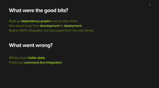 What were the good bits?
!
Build up dependency graphs and visualize them
Non-event to go from development to deployment
Built-in HDFS integration but decoupled from the core library
!
!
What went wrong?
!
Still too much boiler plate
Pretty bad command line integration
31
 