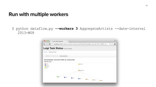 Run with multiple workers
$ python dataflow.py --workers 3 AggregateArtists --date-interval
2013-W08
55
 
