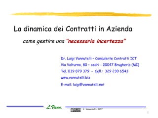 La dinamica dei Contratti in Azienda come gestire una  “necessaria incertezza” Dr. Luigi Vannutelli – Consulente Contratti ICT Via Volturno, 80 – cedri - 20047 Brugherio (MI) Tel. 039 879 379  -  Cell.:  329 230 6543 www.vannutelli. biz   E-mail:  [email_address] .net   L. Vannutelli - 2011 