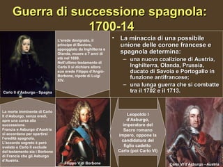 Guerra di successione spagnola:
                  1700-14
                               L’erede designato, il         •    La minaccia di una possibile
                               principe di Baviera,               unione delle corone francese e
                               appoggiato da Inghilterra e
                               Olanda, muore a 7 anni di          spagnola determina:
                               età nel 1699.                       – una nuova coalizione di Austria,
                               Nell’ultimo testamento di
                               Carlo II si dichiara allora           Inghilterra, Olanda, Prussia,
                               suo erede Filippo d’Angiò-            ducato di Savoia e Portogallo in
                               Borbone, nipote di Luigi
                               XIV.
                                                                     funzione antifrancese;
                                                                   – una lunga guerra che si combatte
Carlo II d’Asburgo - Spagna                                          tra il 1702 e il 1713.


La morte imminente di Carlo
II d’Asburgo, senza eredi,                                            Leopoldo I
apre una corsa alla                                                   d’Asburgo,
successione.                                                       imperatore del
Francia e Asburgo d’Austria                                        Sacro romano
si accordano per spartirsi                                       impero, oppone la
l’eredità spagnola.
                                                                  candidatura del
L’accordo segreto è però
svelato e Carlo II esclude                                          figlio cadetto
dal testamento sia i Borbone                                     Carlo (poi Carlo VI)
di Francia che gli Asburgo
d’Austria.
                                  Filippo V di Borbone                                  Carlo VI d’Asburgo - Austria
 