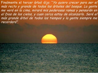 Finalmente el tercer árbol dijo: “Yo quiero crecer para ser el más recto y grande de todos los árboles del bosque. La gente me verá en la cima, mirará mis poderosas ramas y pensarán en el Dios de los cielos, y cuan cerca estoy de alcanzarlo. Seré el más grande árbol de todos los tiempos y la gente siempre me recordará”.