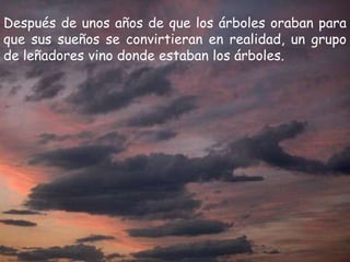 Después de unos años de que los árboles oraban para que sus sueños se convirtieran en realidad, un grupo de leñadores vino donde estaban los árboles.