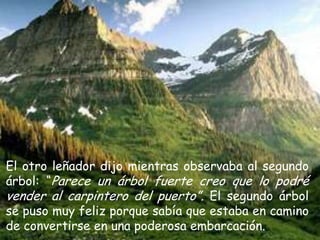 El otro leñador dijo mientras observaba al segundo árbol: “Parece un árbol fuerte creo que lo podré vender al carpintero del puerto”. El segundo árbol se puso muy feliz porque sabía que estaba en camino de convertirse en una poderosa embarcación.